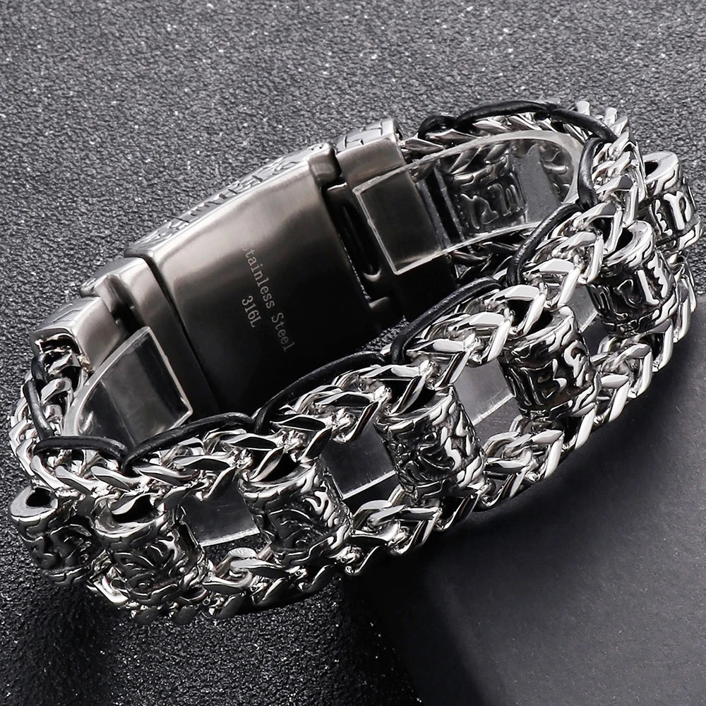 Religious Man Bracelet Stainless Steel 22MM Width Buddhist Scriptures Link Men's Bracelets Leather Wristband On Hand Jewelry
