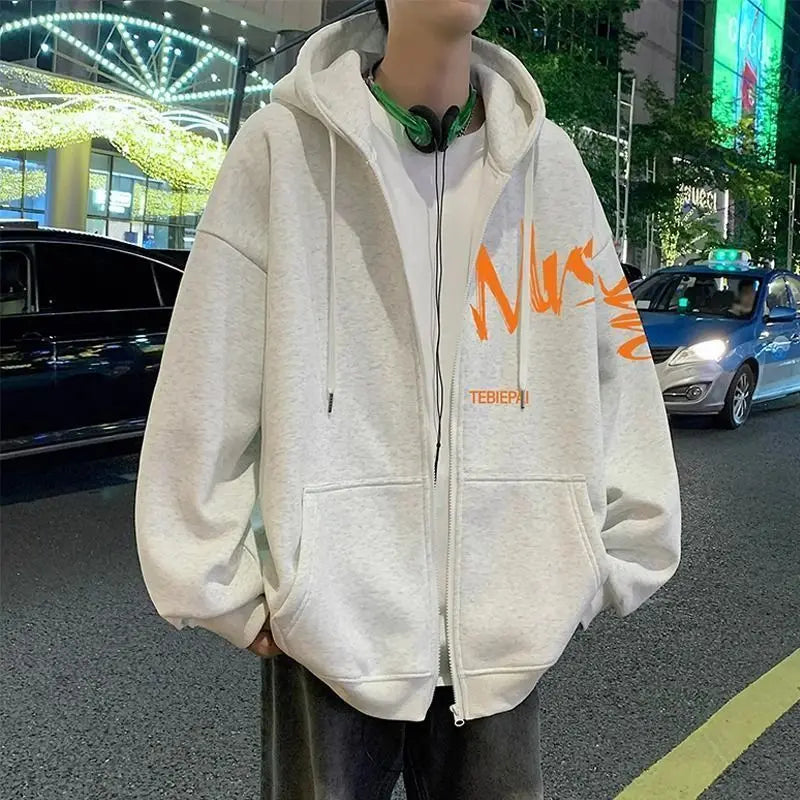 Oversized Zipper Printed Hoodies for Men Loose Casual Fashion Hooded Jacket Solid Color Fashion Sweatshirts Men's Clothing