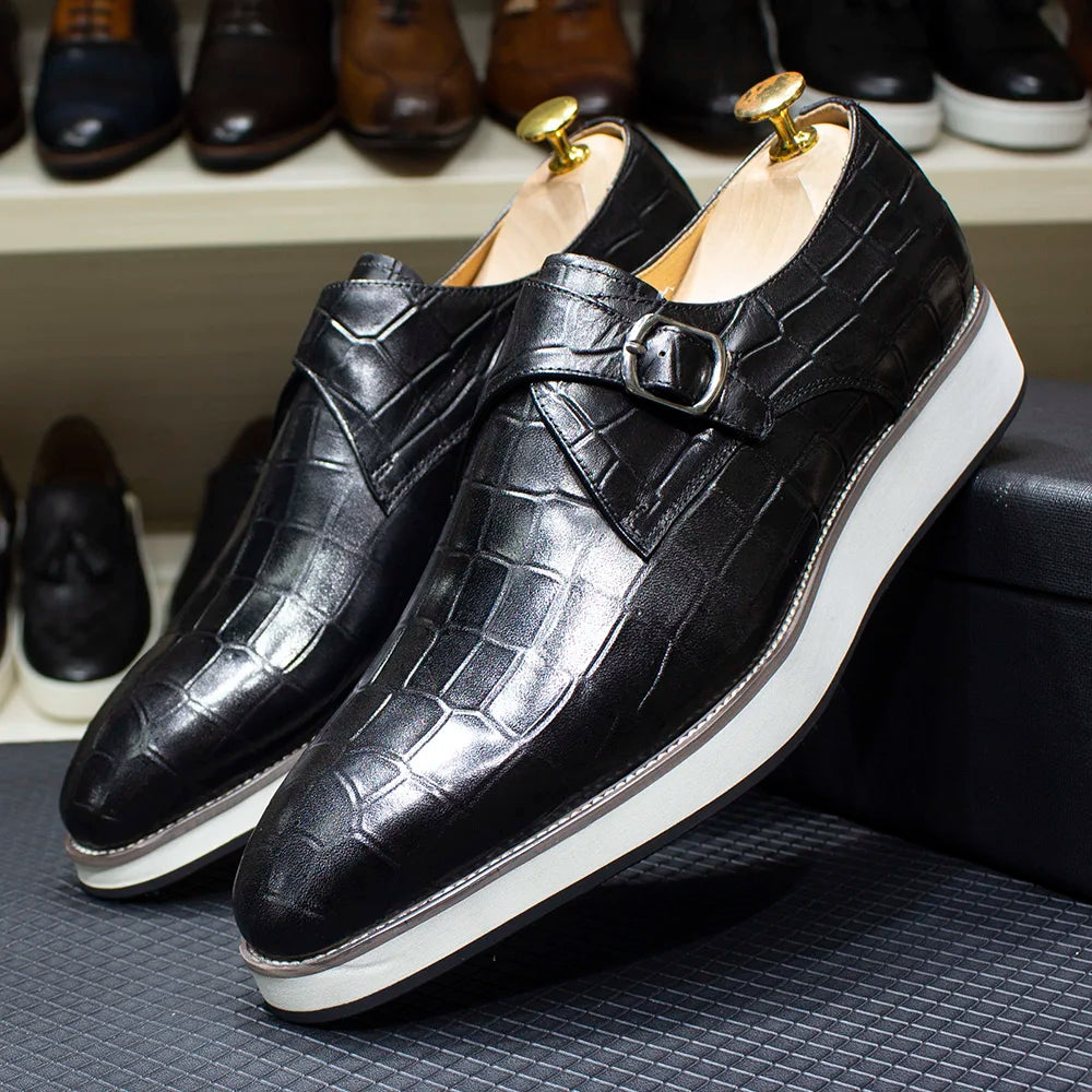Men's Leather Casual Shoes Crocodile Pattern Luxury Brand Handmade Single Buckle Monk Strap Sneakers Flat Dress Shoes for Men