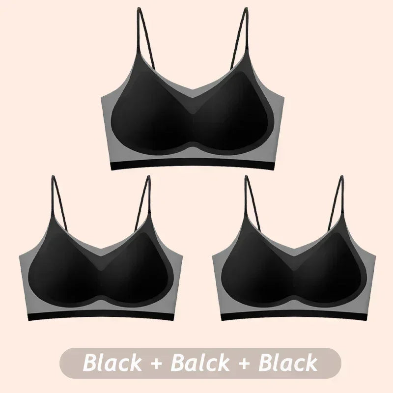 Lot de 3 soutiens-gorge en soie glacée ultra-minces et respirants pour femmes, sous-vêtements bustier sans couture, dos nu, gilet enveloppant, soutiens-gorge sans fil de couleur unie