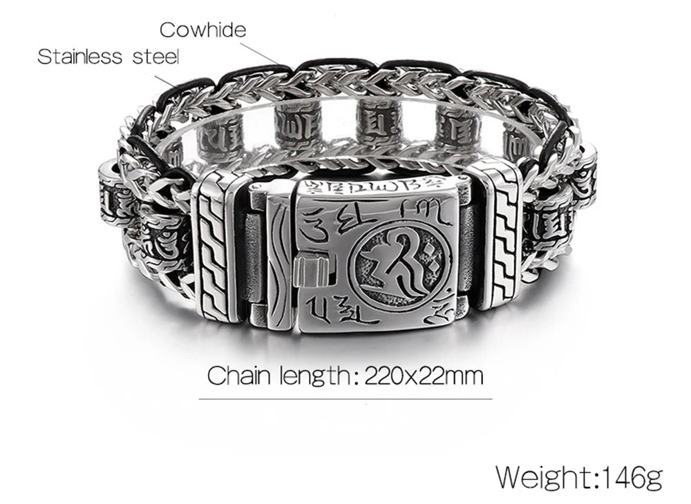 Religious Man Bracelet Stainless Steel 22MM Width Buddhist Scriptures Link Men's Bracelets Leather Wristband On Hand Jewelry
