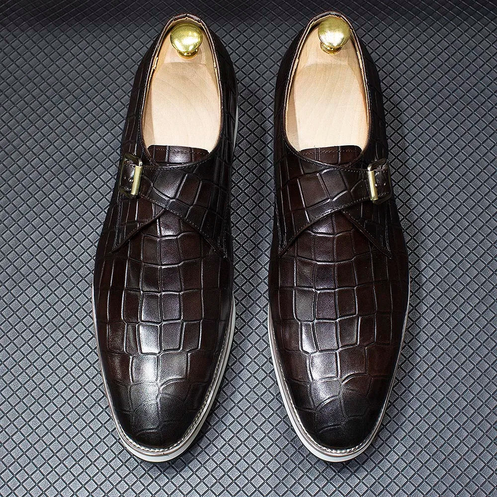 Men's Leather Casual Shoes Crocodile Pattern Luxury Brand Handmade Single Buckle Monk Strap Sneakers Flat Dress Shoes for Men