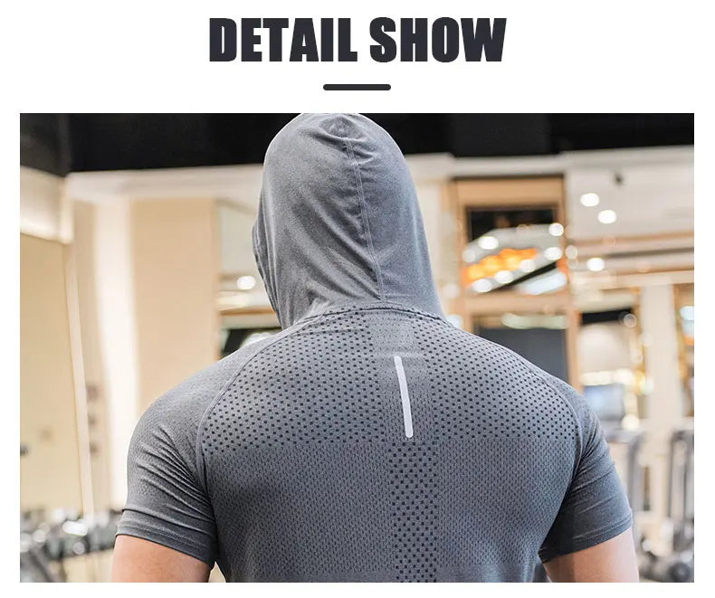 Men Running Hoodies Bodybuilding Sport Hooded Short Sleeve Gyms Fitness Clothing Muscle Shirt Quick Drying Training T-Shirt