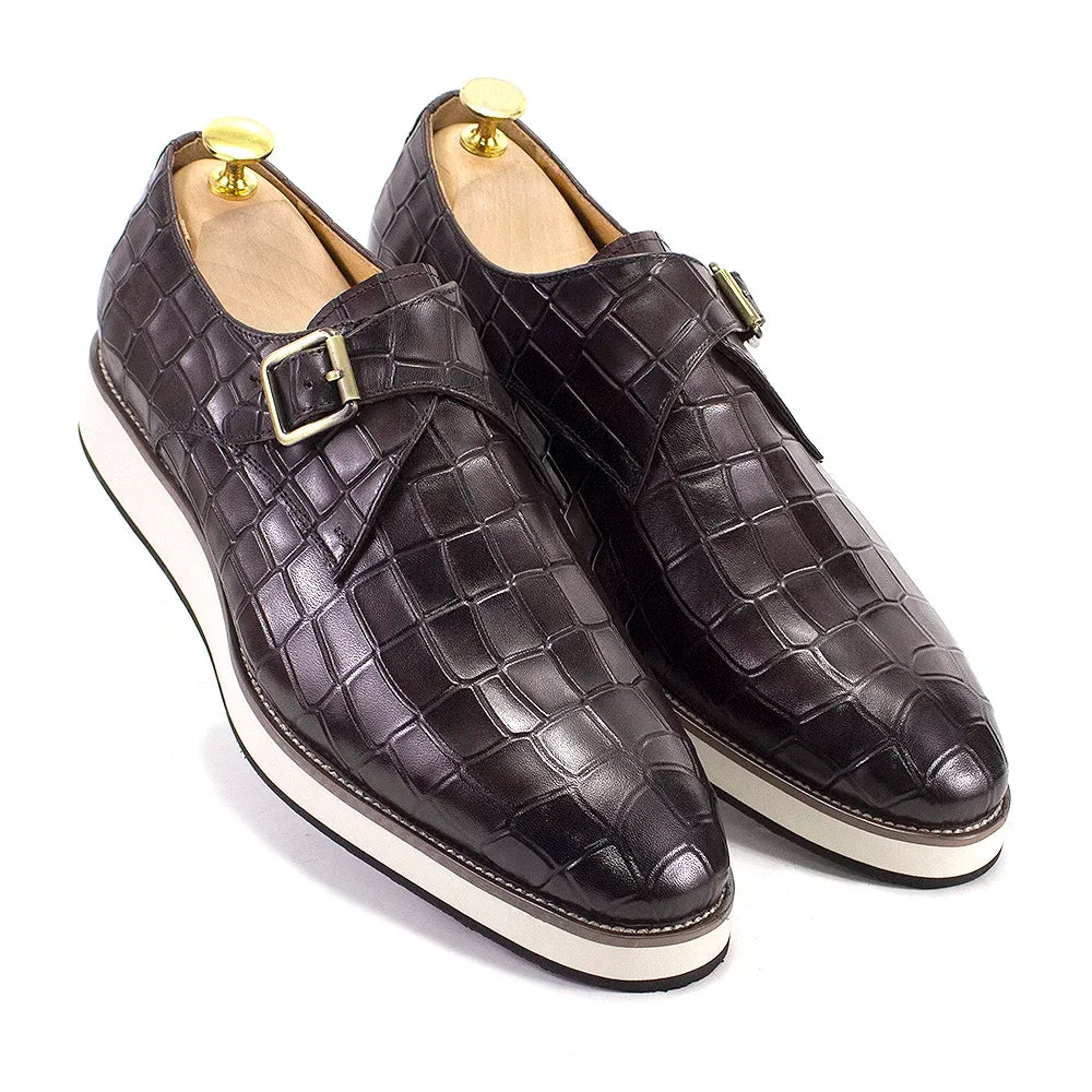 Men's Leather Casual Shoes Crocodile Pattern Luxury Brand Handmade Single Buckle Monk Strap Sneakers Flat Dress Shoes for Men