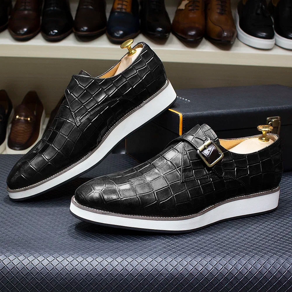 Men's Leather Casual Shoes Crocodile Pattern Luxury Brand Handmade Single Buckle Monk Strap Sneakers Flat Dress Shoes for Men