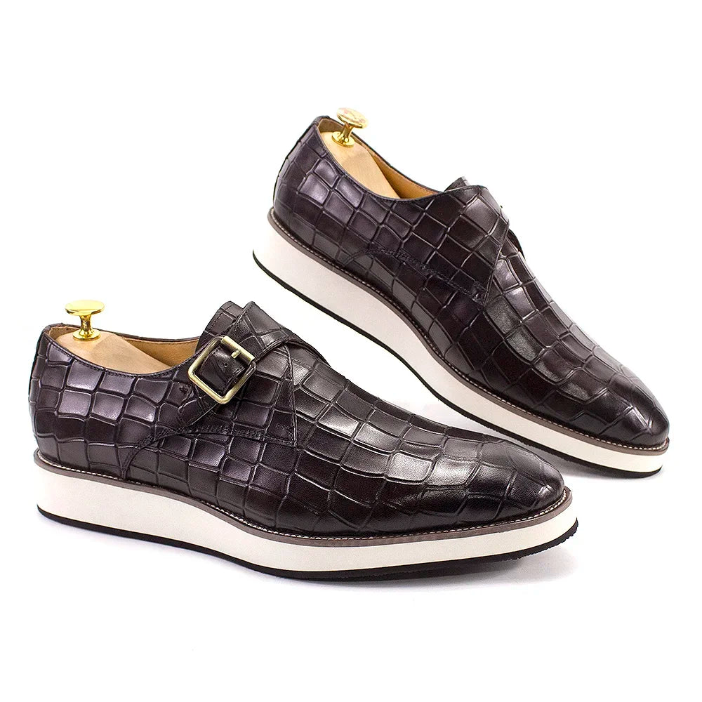 Men's Leather Casual Shoes Crocodile Pattern Luxury Brand Handmade Single Buckle Monk Strap Sneakers Flat Dress Shoes for Men