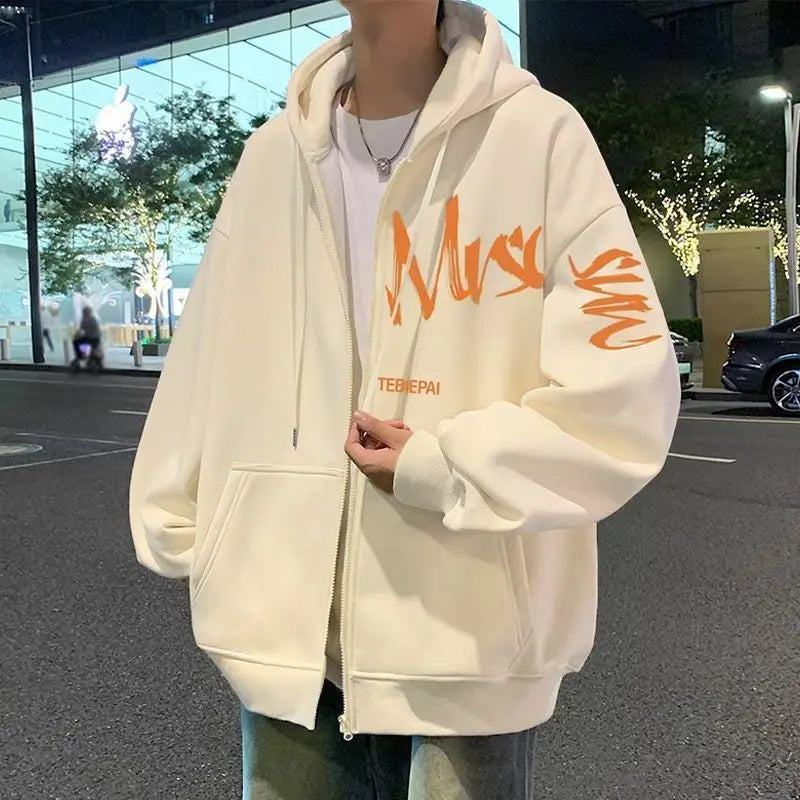 Oversized Zipper Printed Hoodies for Men Loose Casual Fashion Hooded Jacket Solid Color Fashion Sweatshirts Men's Clothing