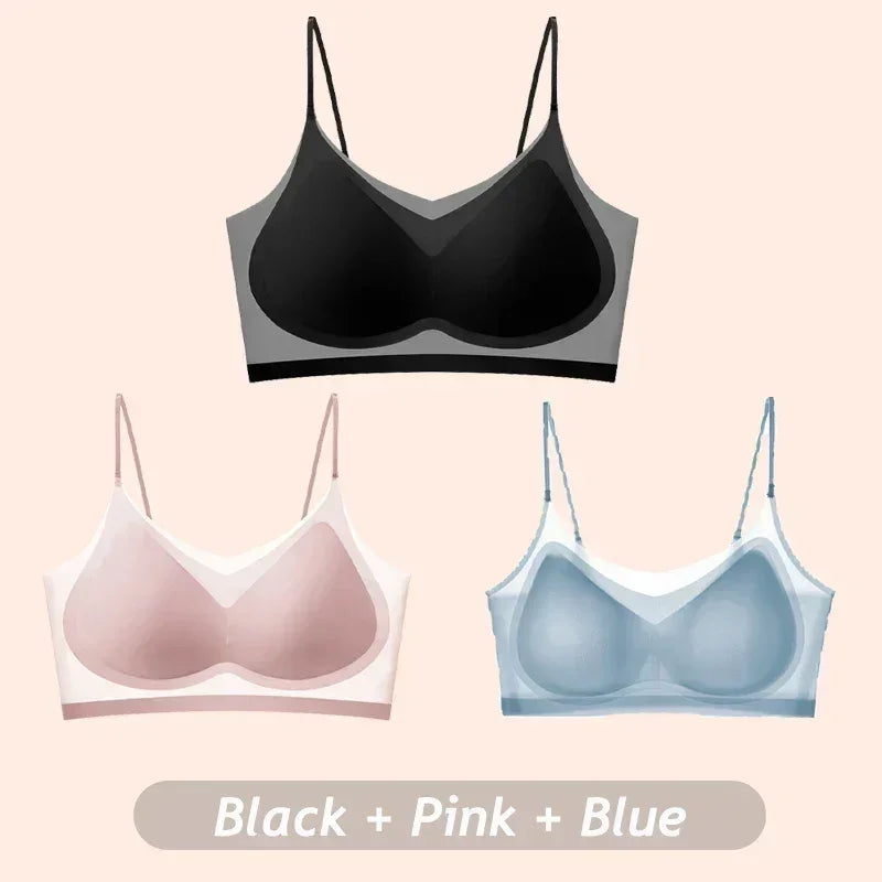 Lot de 3 soutiens-gorge en soie glacée ultra-minces et respirants pour femmes, sous-vêtements bustier sans couture, dos nu, gilet enveloppant, soutiens-gorge sans fil de couleur unie