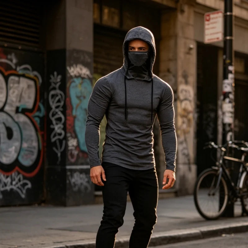 Mens Gym Thin Hoodie Long Sleeve Hoodies With Mask Sweatshirt Casual Splice Large Mask Hoodie Sweatshirt Hooded Tops Cycling