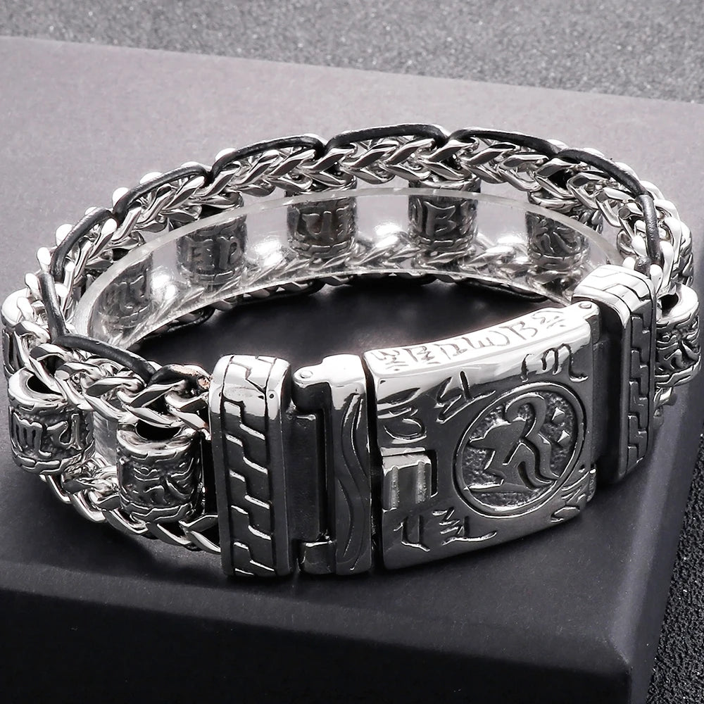 Religious Man Bracelet Stainless Steel 22MM Width Buddhist Scriptures Link Men's Bracelets Leather Wristband On Hand Jewelry