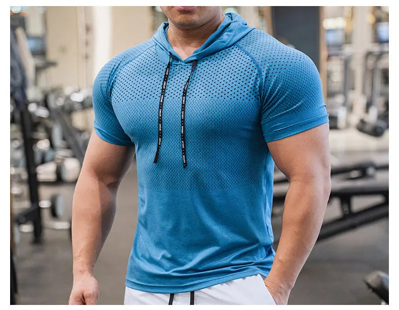 Men Running Hoodies Bodybuilding Sport Hooded Short Sleeve Gyms Fitness Clothing Muscle Shirt Quick Drying Training T-Shirt