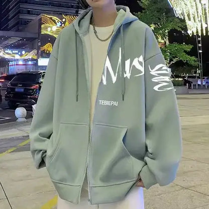 Oversized Zipper Printed Hoodies for Men Loose Casual Fashion Hooded Jacket Solid Color Fashion Sweatshirts Men's Clothing