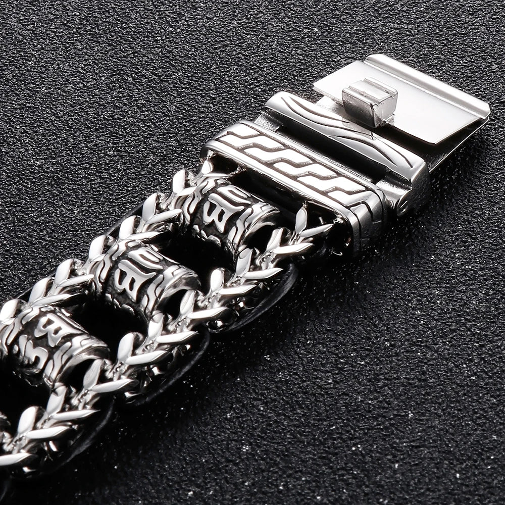 Religious Man Bracelet Stainless Steel 22MM Width Buddhist Scriptures Link Men's Bracelets Leather Wristband On Hand Jewelry