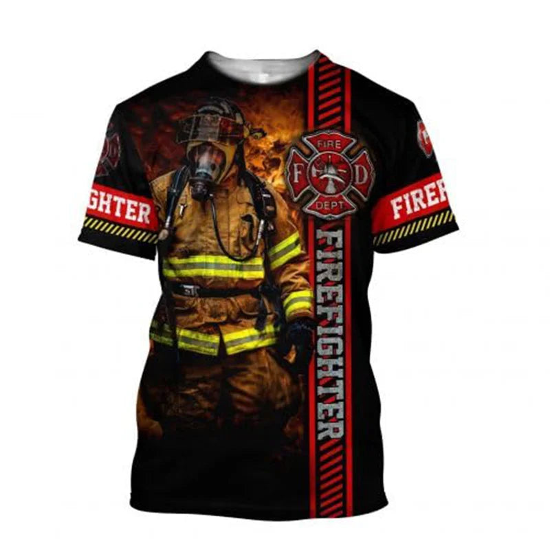 New Summer 3D Firefighter Fireman Print T Shirt Kid Fashion Streetwear Short Sleeves Harajuku Clothing Gym T-shirts For Men Tees
