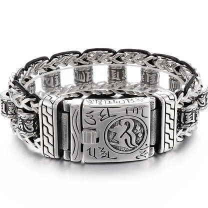 Religious Man Bracelet Stainless Steel 22MM Width Buddhist Scriptures Link Men's Bracelets Leather Wristband On Hand Jewelry