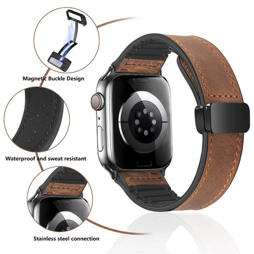 Bracelet en Cuir Véritable pour Apple Watch - Fermeture Magnétique Élégante