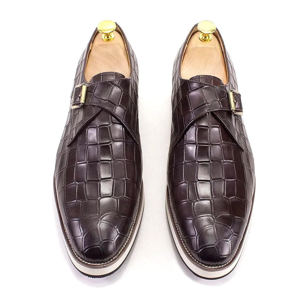 Men's Leather Casual Shoes Crocodile Pattern Luxury Brand Handmade Single Buckle Monk Strap Sneakers Flat Dress Shoes for Men