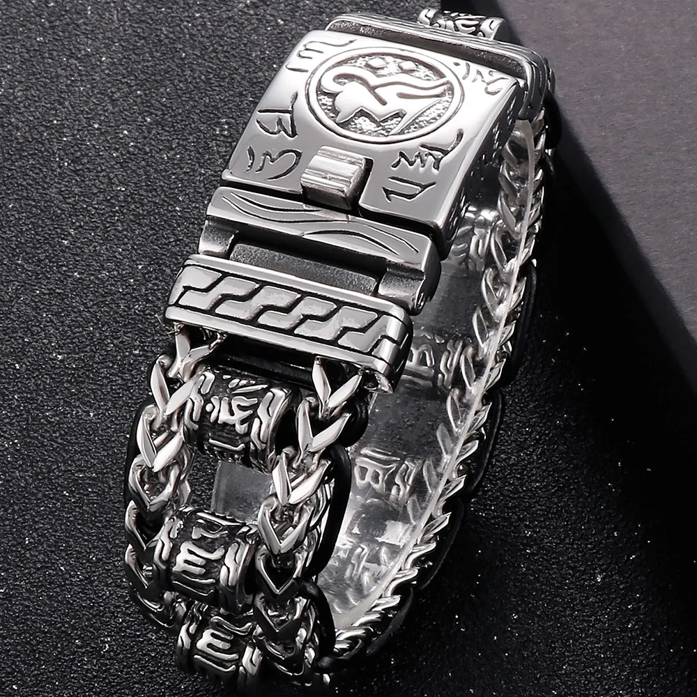 Religious Man Bracelet Stainless Steel 22MM Width Buddhist Scriptures Link Men's Bracelets Leather Wristband On Hand Jewelry