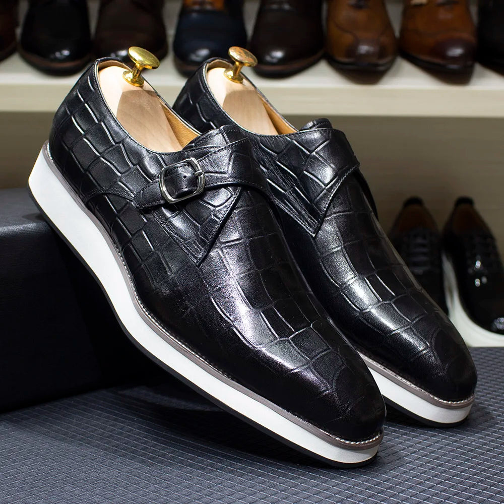 Men's Leather Casual Shoes Crocodile Pattern Luxury Brand Handmade Single Buckle Monk Strap Sneakers Flat Dress Shoes for Men