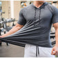 Men Running Hoodies Bodybuilding Sport Hooded Short Sleeve Gyms Fitness Clothing Muscle Shirt Quick Drying Training T-Shirt
