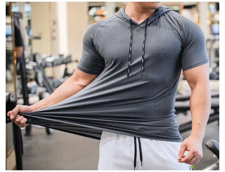 Men Running Hoodies Bodybuilding Sport Hooded Short Sleeve Gyms Fitness Clothing Muscle Shirt Quick Drying Training T-Shirt