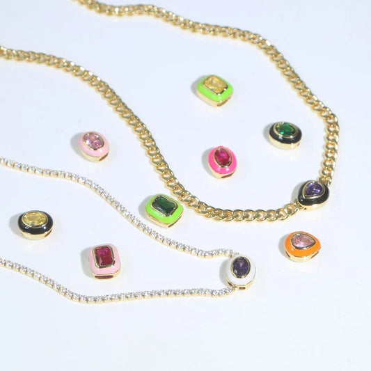 Neon Enamel Pink Heart Rectangle Charm Necklace Bling Colorful CZ Geometric CZ Beaded Tennis Cuban Chain Fashion Women Jewelry