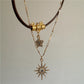 Vintage Leather Brown Stone Sun Pendant Beaded Choker Clavicle Chain Necklace For Women Unique Y2K Personalized Grunge Jewelry