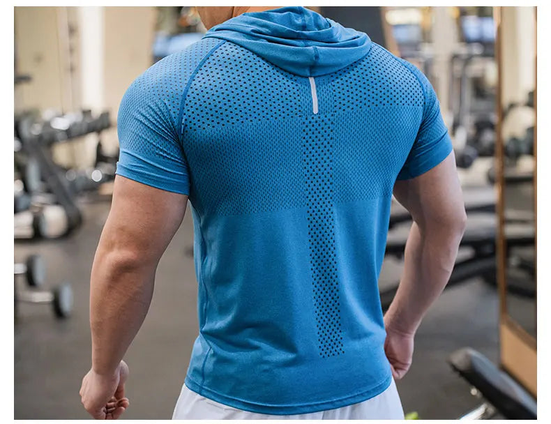 Men Running Hoodies Bodybuilding Sport Hooded Short Sleeve Gyms Fitness Clothing Muscle Shirt Quick Drying Training T-Shirt