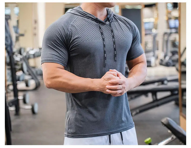 Men Running Hoodies Bodybuilding Sport Hooded Short Sleeve Gyms Fitness Clothing Muscle Shirt Quick Drying Training T-Shirt