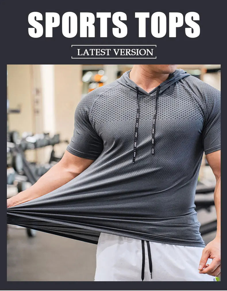 Men Running Hoodies Bodybuilding Sport Hooded Short Sleeve Gyms Fitness Clothing Muscle Shirt Quick Drying Training T-Shirt
