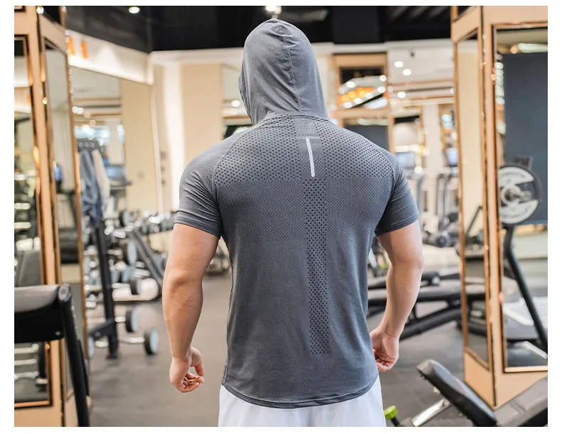 Men Running Hoodies Bodybuilding Sport Hooded Short Sleeve Gyms Fitness Clothing Muscle Shirt Quick Drying Training T-Shirt