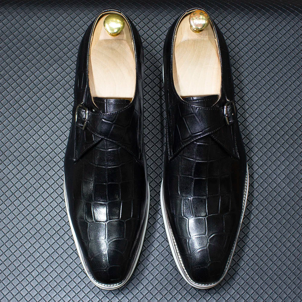 Men's Leather Casual Shoes Crocodile Pattern Luxury Brand Handmade Single Buckle Monk Strap Sneakers Flat Dress Shoes for Men
