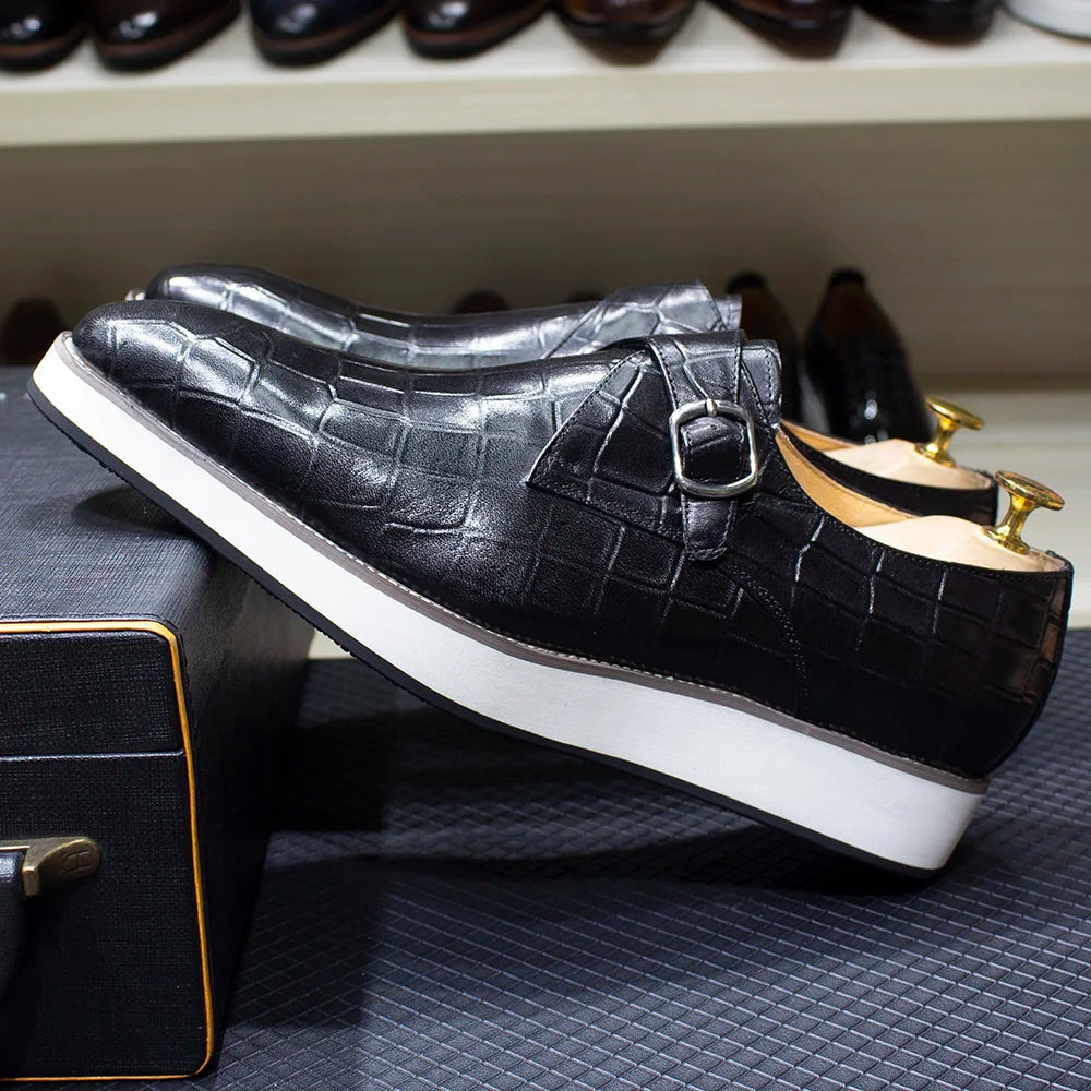 Men's Leather Casual Shoes Crocodile Pattern Luxury Brand Handmade Single Buckle Monk Strap Sneakers Flat Dress Shoes for Men
