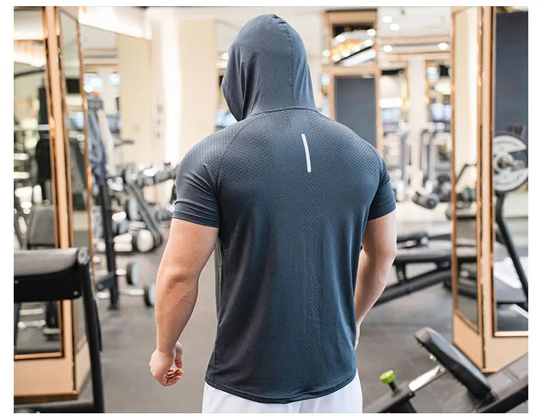 Men Running Hoodies Bodybuilding Sport Hooded Short Sleeve Gyms Fitness Clothing Muscle Shirt Quick Drying Training T-Shirt