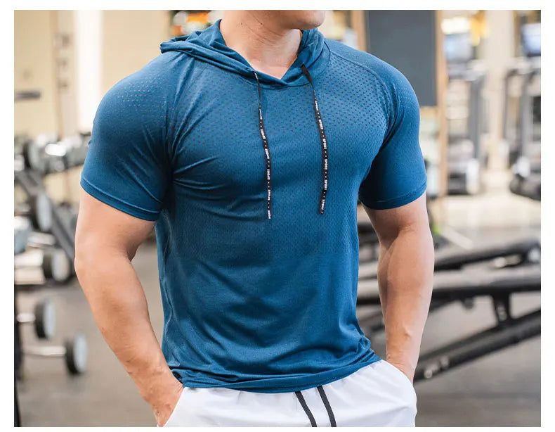 Men Running Hoodies Bodybuilding Sport Hooded Short Sleeve Gyms Fitness Clothing Muscle Shirt Quick Drying Training T-Shirt