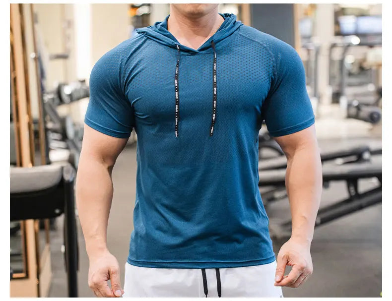 Men Running Hoodies Bodybuilding Sport Hooded Short Sleeve Gyms Fitness Clothing Muscle Shirt Quick Drying Training T-Shirt