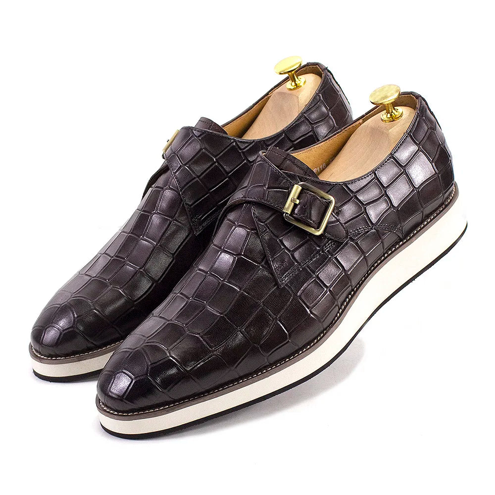 Men's Leather Casual Shoes Crocodile Pattern Luxury Brand Handmade Single Buckle Monk Strap Sneakers Flat Dress Shoes for Men