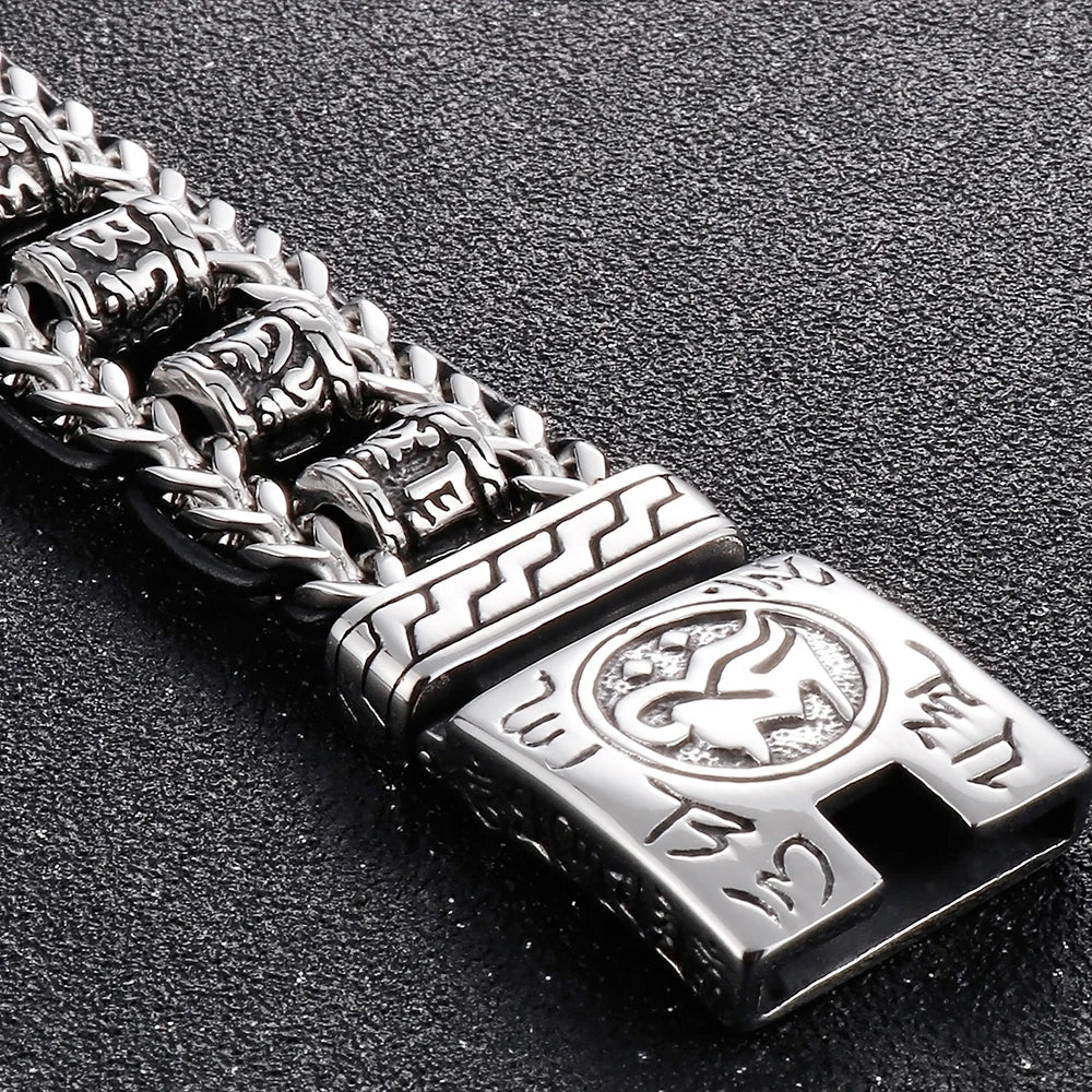 Religious Man Bracelet Stainless Steel 22MM Width Buddhist Scriptures Link Men's Bracelets Leather Wristband On Hand Jewelry