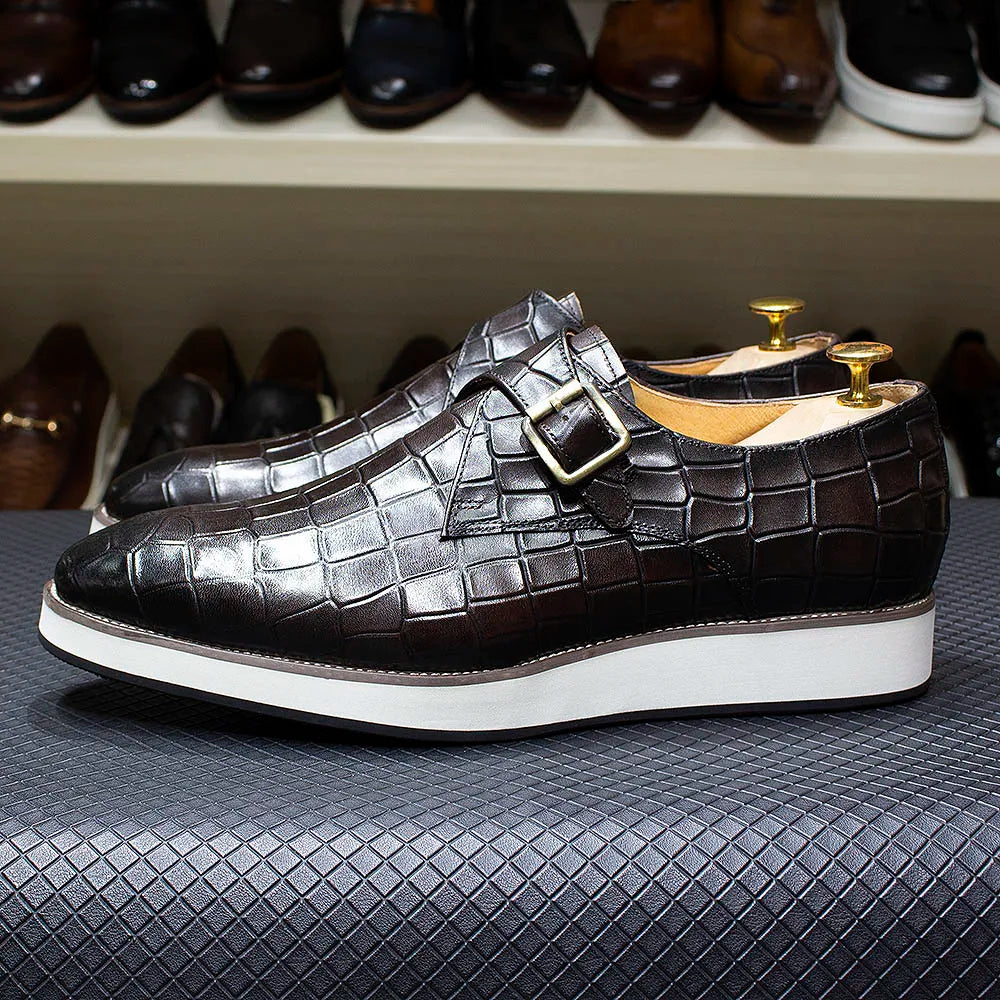 Men's Leather Casual Shoes Crocodile Pattern Luxury Brand Handmade Single Buckle Monk Strap Sneakers Flat Dress Shoes for Men