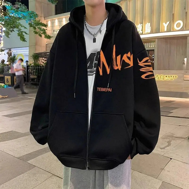 Oversized Zipper Printed Hoodies for Men Loose Casual Fashion Hooded Jacket Solid Color Fashion Sweatshirts Men's Clothing