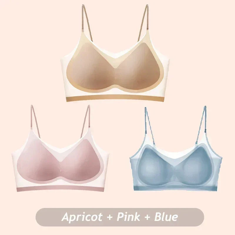 Lot de 3 soutiens-gorge en soie glacée ultra-minces et respirants pour femmes, sous-vêtements bustier sans couture, dos nu, gilet enveloppant, soutiens-gorge sans fil de couleur unie