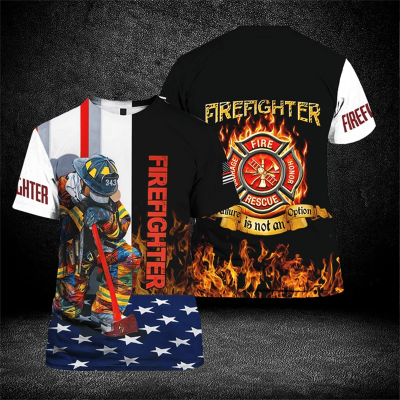 New Summer 3D Firefighter Fireman Print T Shirt Kid Fashion Streetwear Short Sleeves Harajuku Clothing Gym T-shirts For Men Tees