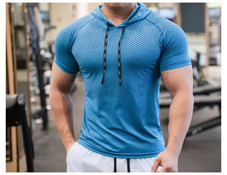 Men Running Hoodies Bodybuilding Sport Hooded Short Sleeve Gyms Fitness Clothing Muscle Shirt Quick Drying Training T-Shirt