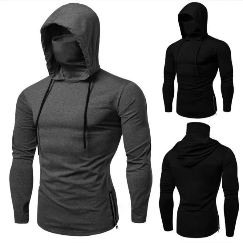 Mens Gym Thin Hoodie Long Sleeve Hoodies With Mask Sweatshirt Casual Splice Large Mask Hoodie Sweatshirt Hooded Tops Cycling