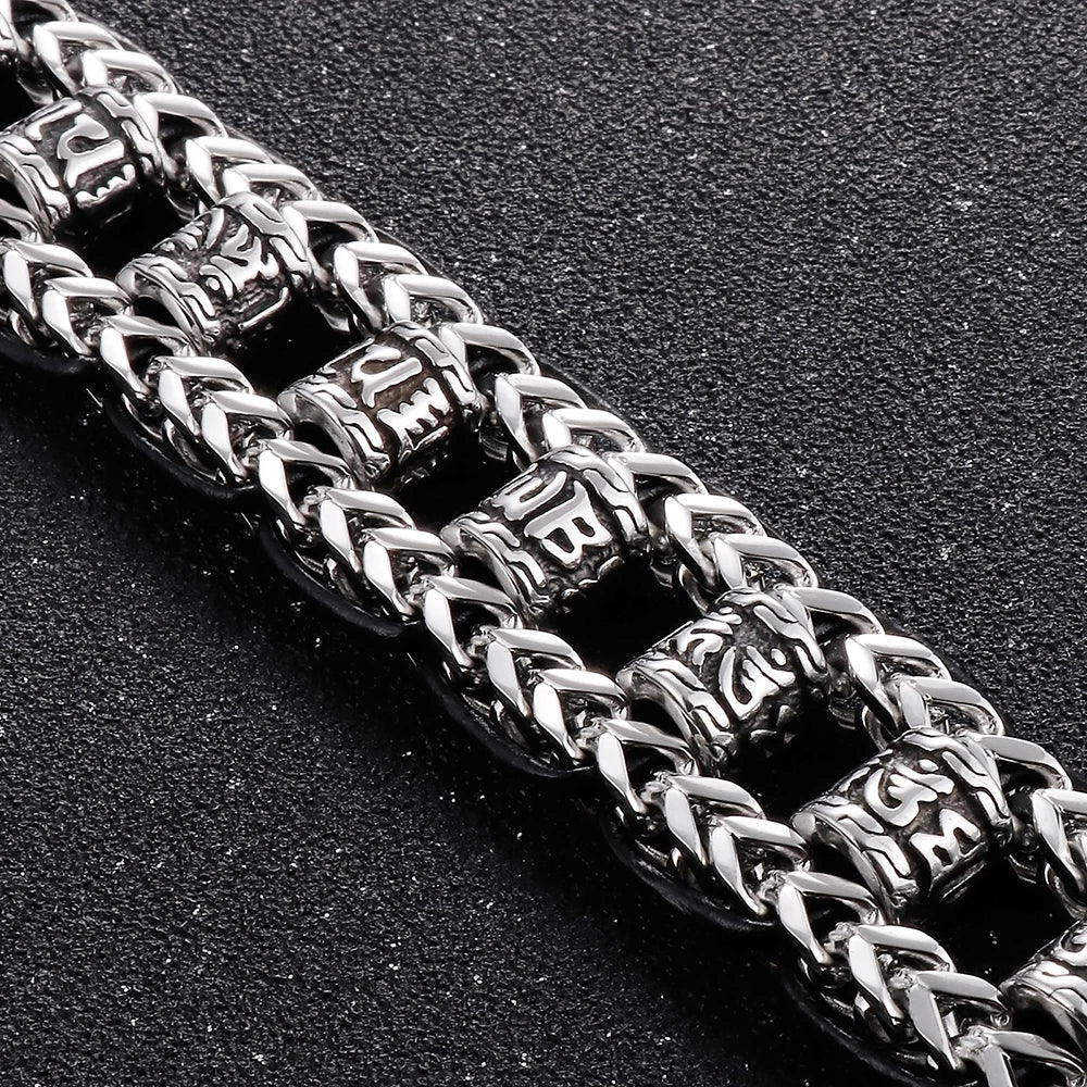 Religious Man Bracelet Stainless Steel 22MM Width Buddhist Scriptures Link Men's Bracelets Leather Wristband On Hand Jewelry