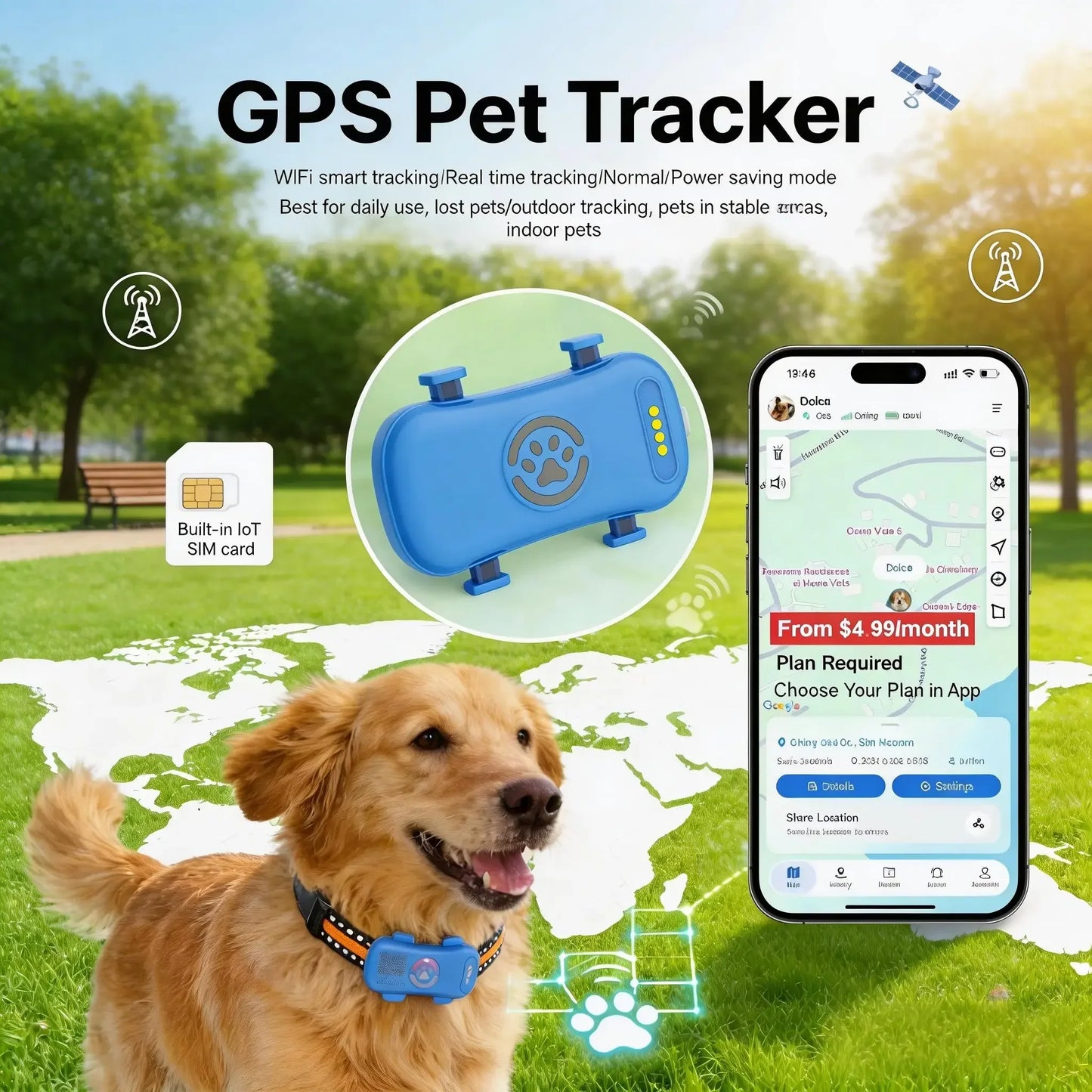 GPS Pet Tracker 4G for Dogs & Cats Built-in SIM with Real-Time Tracking, WiFi Home Positioning, IP67 Waterproof, Plan Required
