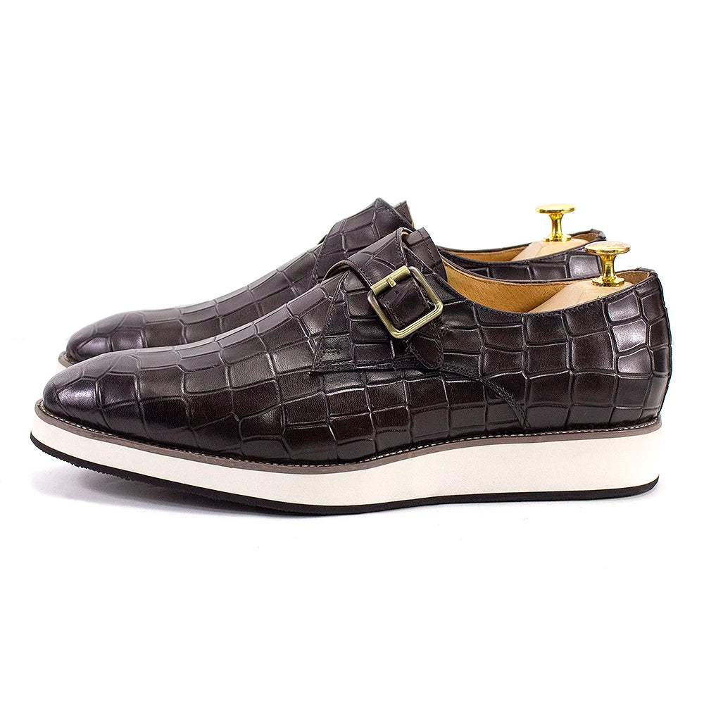 Men's Leather Casual Shoes Crocodile Pattern Luxury Brand Handmade Single Buckle Monk Strap Sneakers Flat Dress Shoes for Men