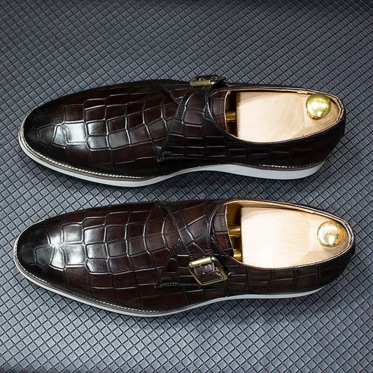 Men's Leather Casual Shoes Crocodile Pattern Luxury Brand Handmade Single Buckle Monk Strap Sneakers Flat Dress Shoes for Men