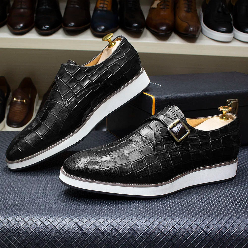 Men's Leather Casual Shoes Crocodile Pattern Luxury Brand Handmade Single Buckle Monk Strap Sneakers Flat Dress Shoes for Men