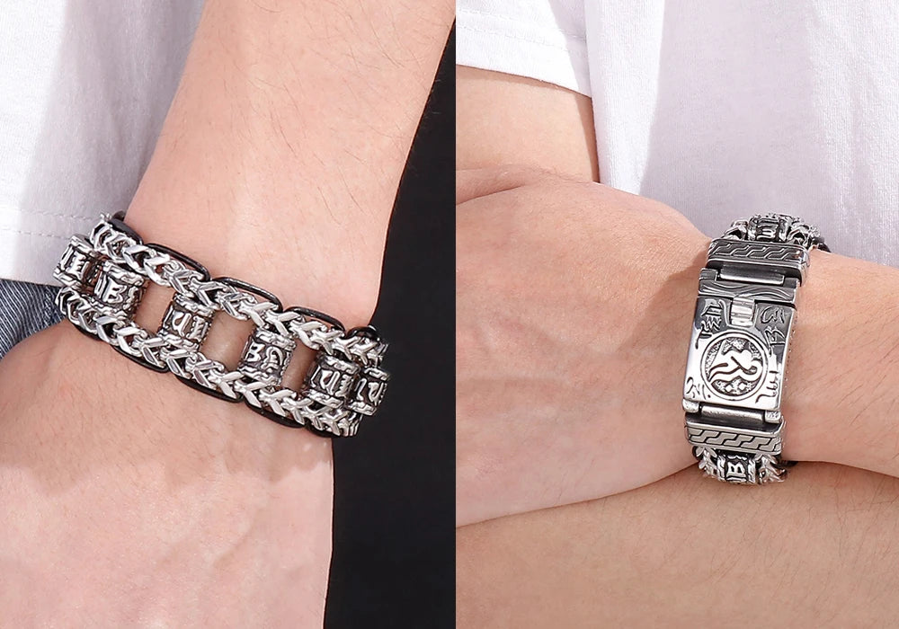Religious Man Bracelet Stainless Steel 22MM Width Buddhist Scriptures Link Men's Bracelets Leather Wristband On Hand Jewelry